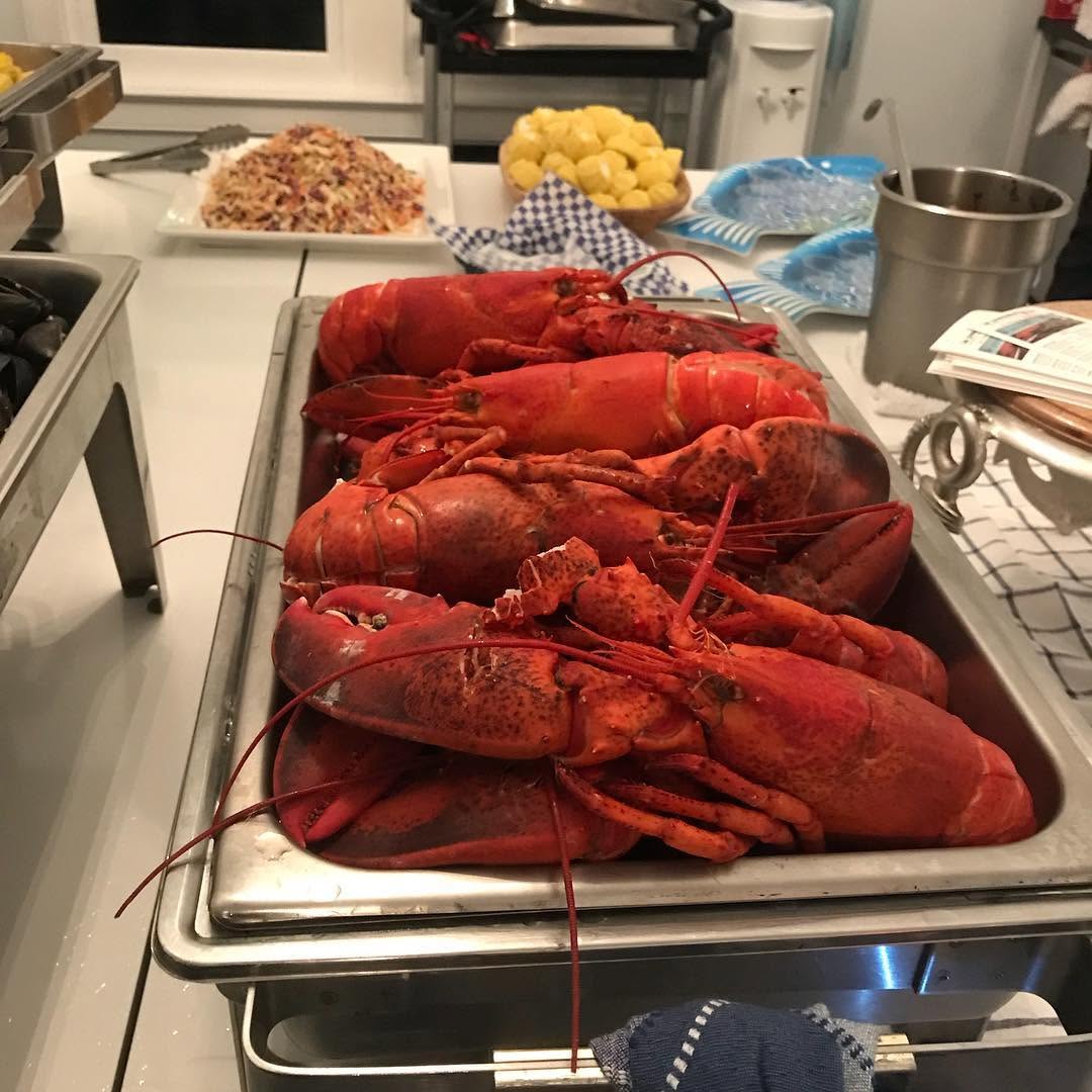 Tray of whole steamed lobsters